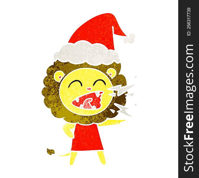 hand drawn retro cartoon of a roaring lion girl wearing santa hat