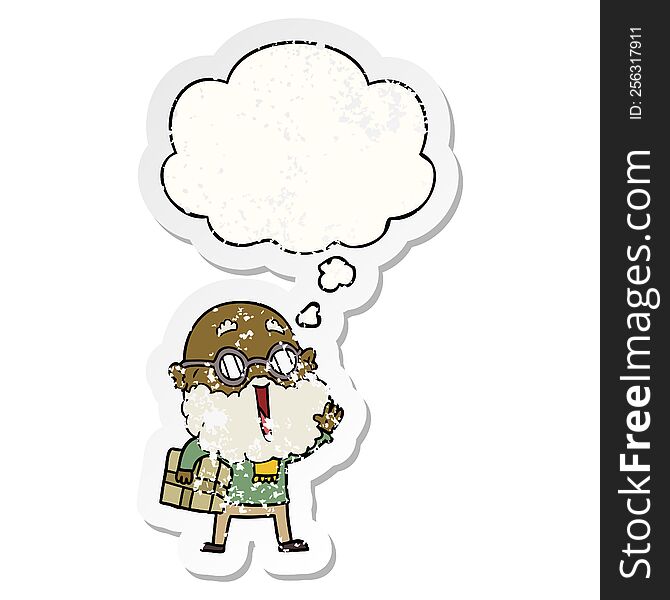 cartoon joyful man with beard and parcel under arm with thought bubble as a distressed worn sticker