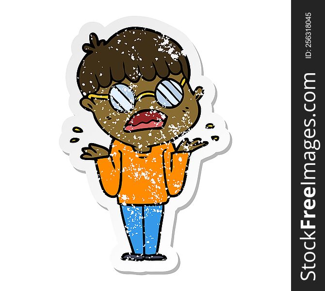 distressed sticker of a cartoon confused boy wearing spectacles