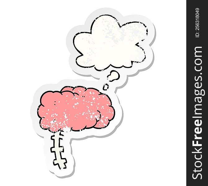 cartoon brain with thought bubble as a distressed worn sticker