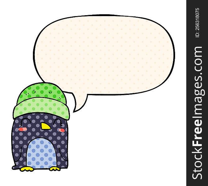 cute cartoon penguin and speech bubble in comic book style