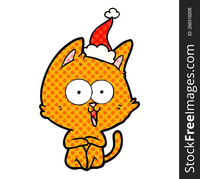 Funny Comic Book Style Illustration Of A Cat Wearing Santa Hat