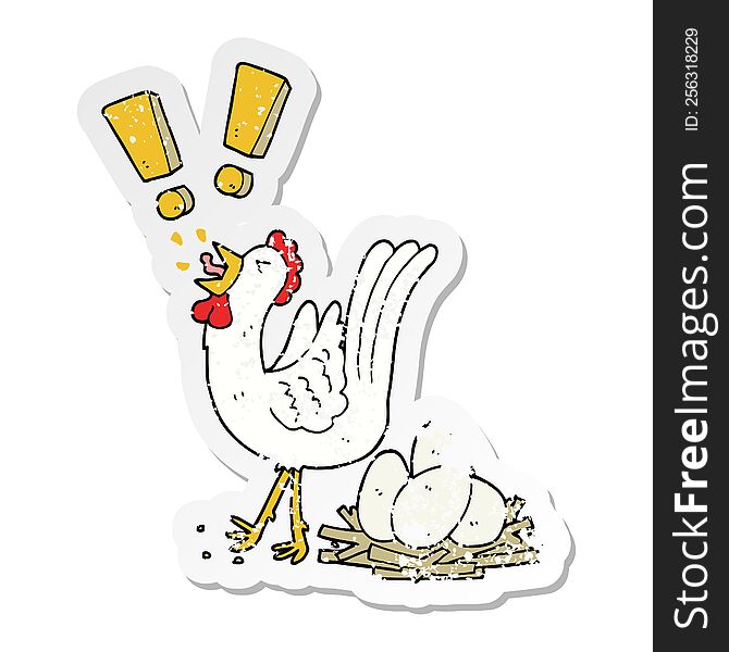 Distressed Sticker Of A Cartoon Chicken Laying Egg