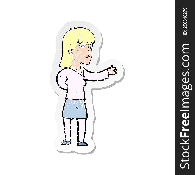 Retro Distressed Sticker Of A Cartoon Woman Explaining