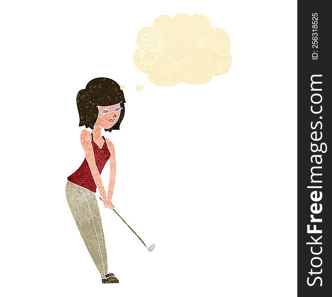 Cartoon Woman Playing Golf With Thought Bubble