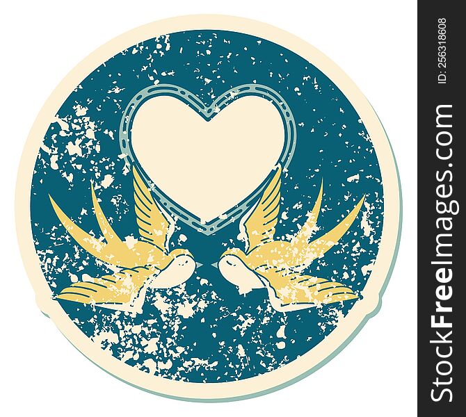 iconic distressed sticker tattoo style image of swallows and a heart. iconic distressed sticker tattoo style image of swallows and a heart