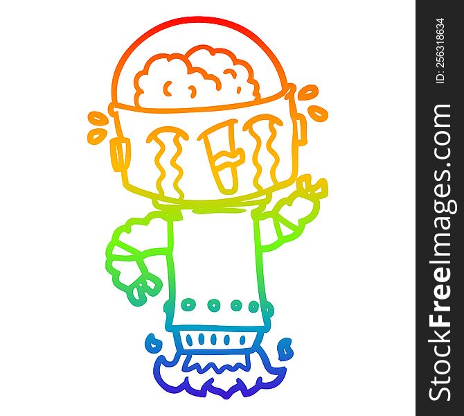 Rainbow Gradient Line Drawing Cartoon Crying Robot Flying