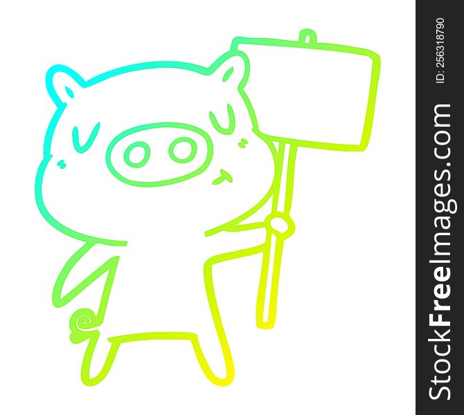 cold gradient line drawing of a cartoon content pig signpost;sign