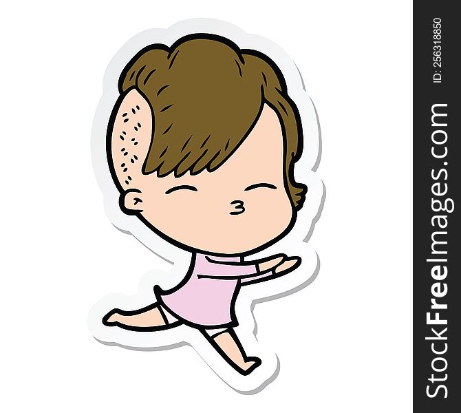 sticker of a cartoon squinting girl running