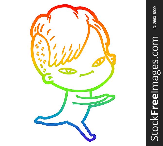 Rainbow Gradient Line Drawing Cute Cartoon Girl With Hipster Haircut