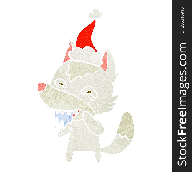 hand drawn retro cartoon of a hungry wolf wearing santa hat