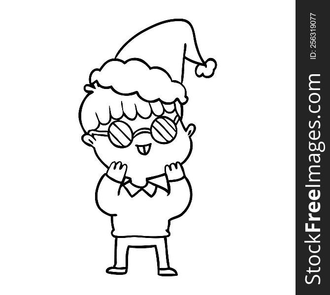 line drawing of a boy wearing spectacles wearing santa hat