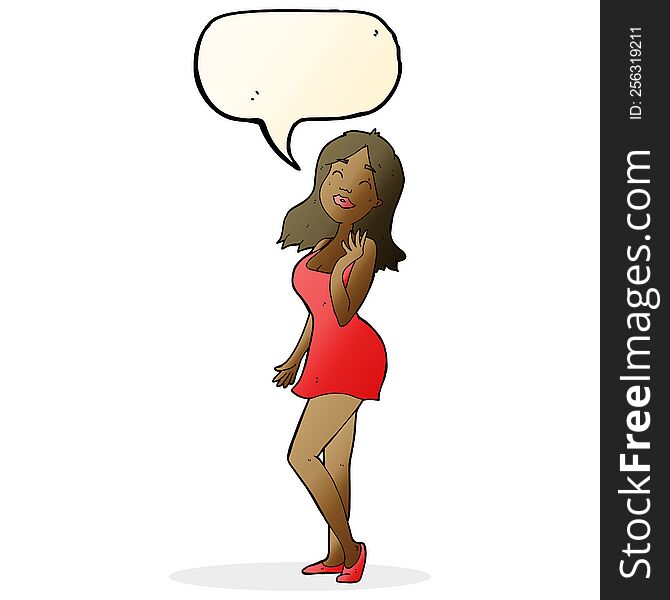 cartoon pretty woman in cocktail dress with speech bubble