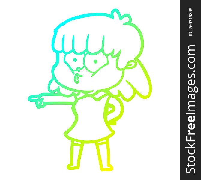 Cold Gradient Line Drawing Cartoon Whistling Girl Pointing