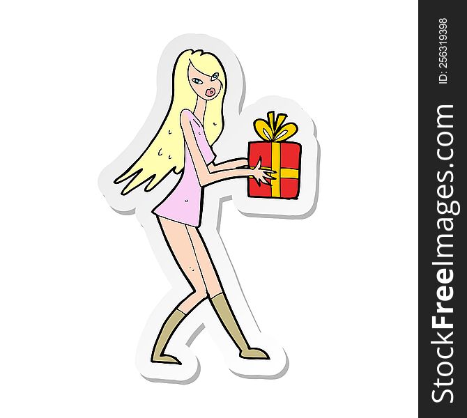 sticker of a cartoon fashion girl with present