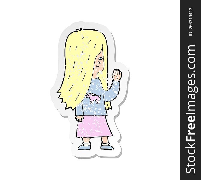 Retro Distressed Sticker Of A Cartoon Girl With Pony Shirt Waving