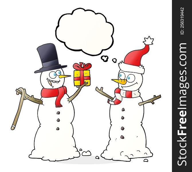 freehand drawn thought bubble cartoon snowmen exchanging gifts