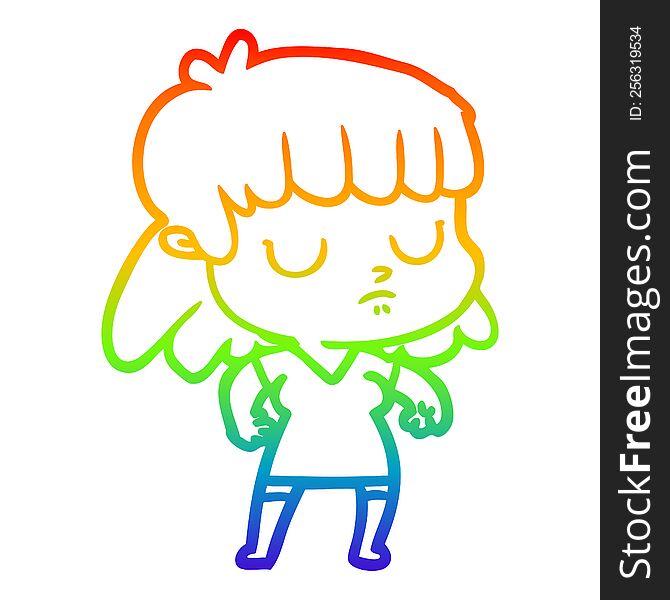 rainbow gradient line drawing of a cartoon indifferent woman