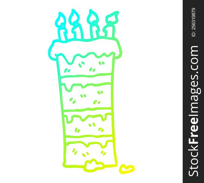 cold gradient line drawing of a huge cartoon birthday cake