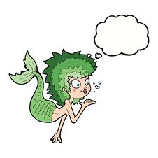 Cartoon Mermaid Blowing A Kiss With Thought Bubble Stock Photography