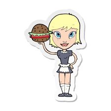 Sticker Of A Cartoon Waitress With Burger Stock Photos