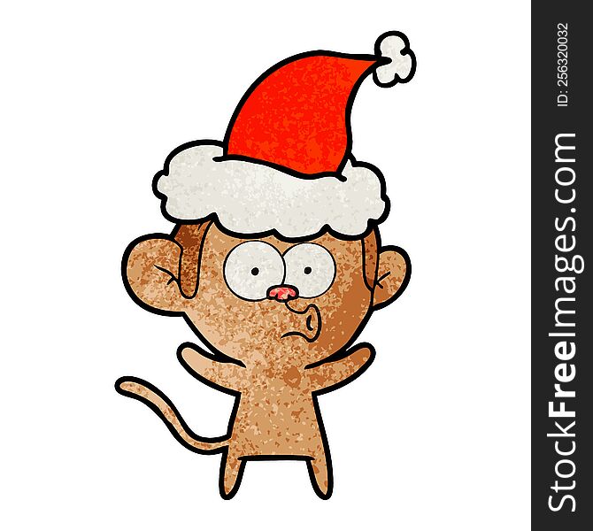 hand drawn textured cartoon of a surprised monkey wearing santa hat