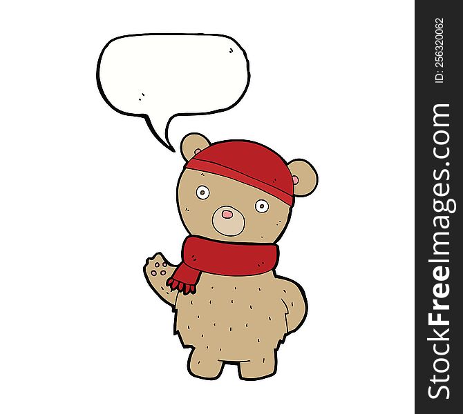 Cartoon Teddy Bear In Winter Hat And Scarf With Speech Bubble
