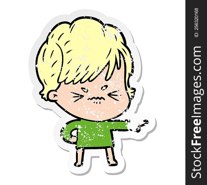 distressed sticker of a cartoon frustrated woman