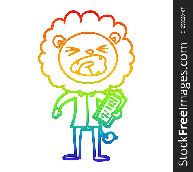 rainbow gradient line drawing of a cartoon lion salesman