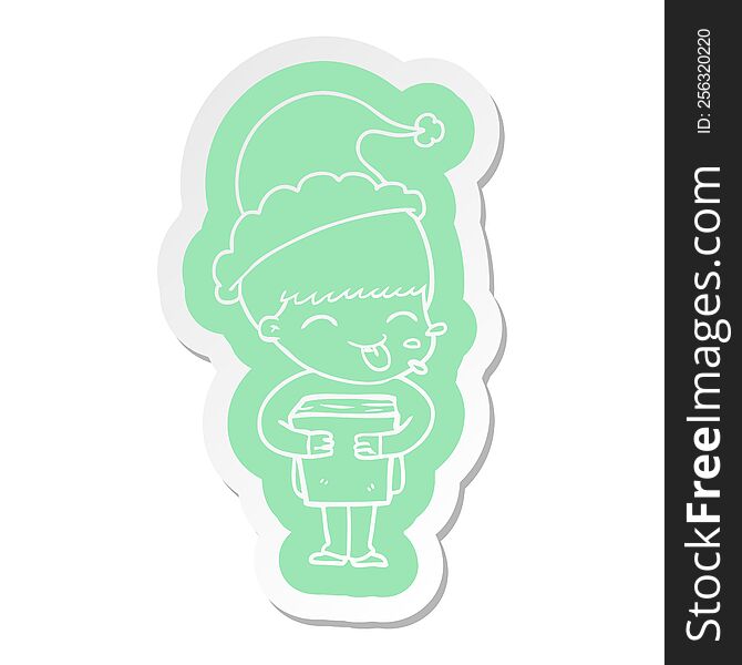 Cartoon  Sticker Of A Boy Wearing Santa Hat