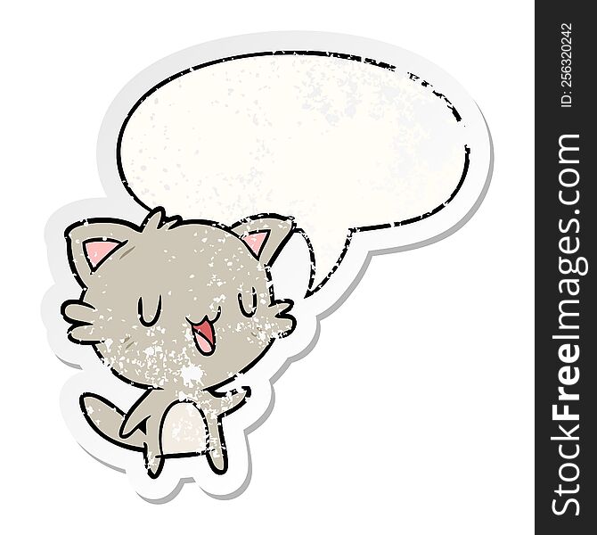 Cartoon Happy Cat And Speech Bubble Distressed Sticker