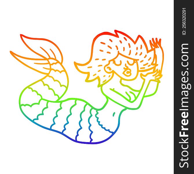 rainbow gradient line drawing of a cartoon woman mermaid