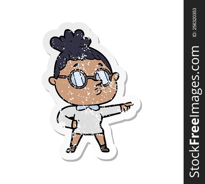 Distressed Sticker Of A Cartoon Woman Wearing Glasses