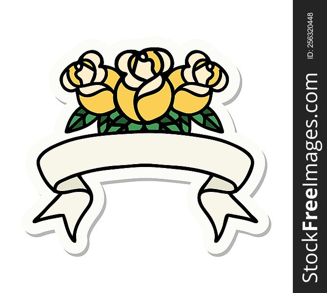 tattoo style sticker with banner of a bouquet of flowers