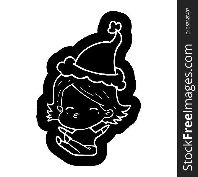 quirky cartoon icon of a woman sitting wearing santa hat