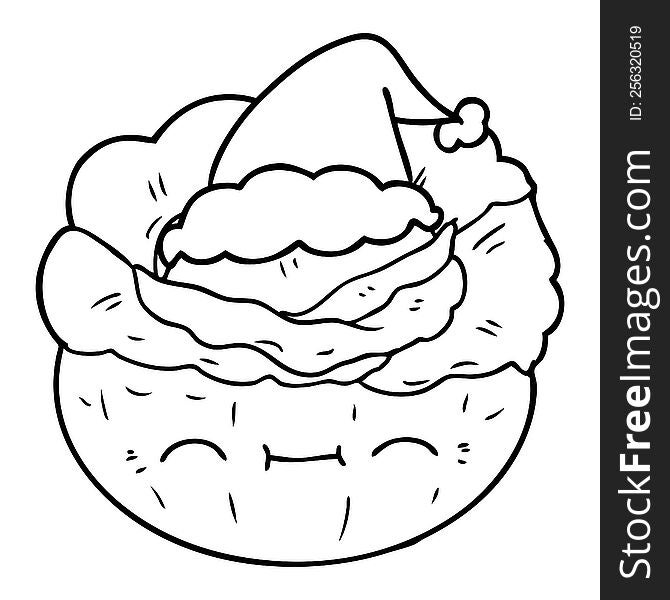 hand drawn line drawing of a cabbage wearing santa hat