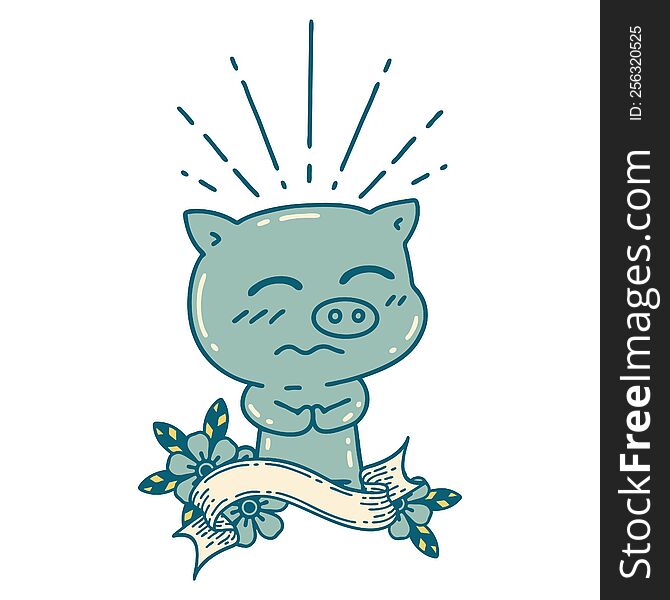 Banner With Tattoo Style Nervous Pig Character