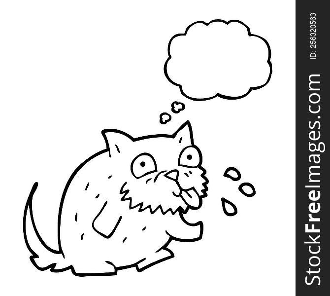freehand drawn thought bubble cartoon cat blowing raspberry