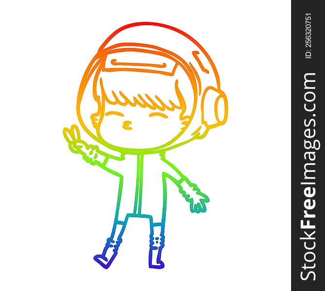 Rainbow Gradient Line Drawing Cartoon Spacegirl Making Peace Sign