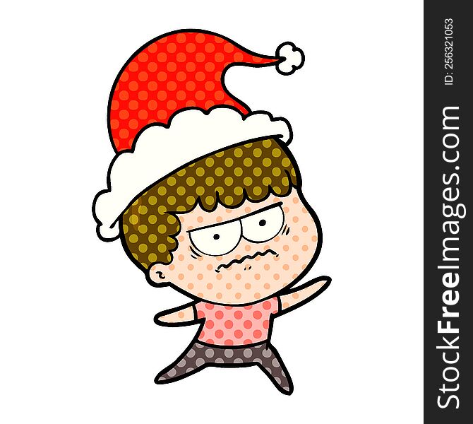hand drawn comic book style illustration of a annoyed man wearing santa hat