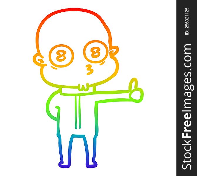 rainbow gradient line drawing of a cartoon weird bald spaceman giving thumbs up