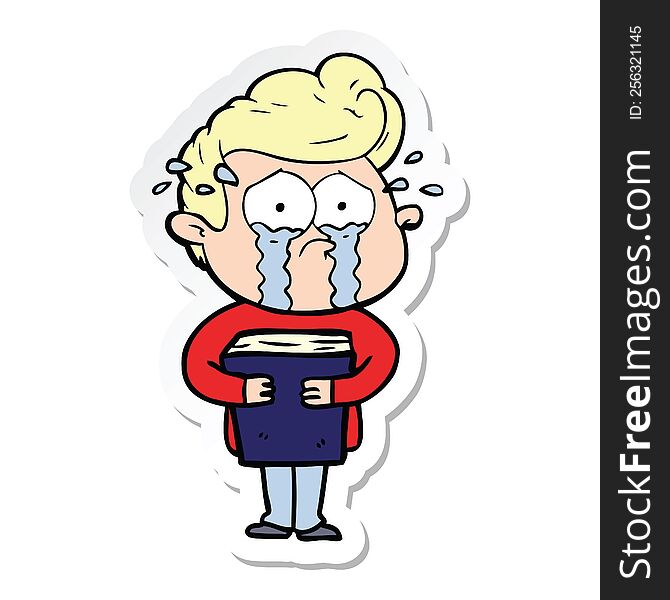 Sticker Of A Cartoon Crying Man Holding Book