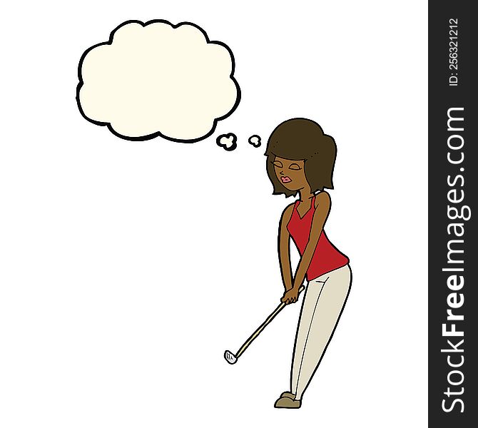 Cartoon Woman Playing Golf With Thought Bubble