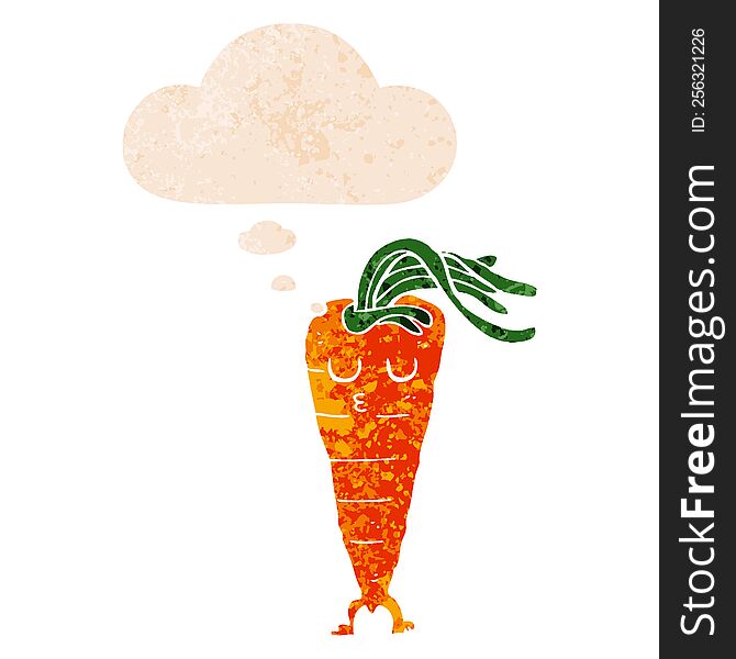 cartoon carrot with thought bubble in grunge distressed retro textured style. cartoon carrot with thought bubble in grunge distressed retro textured style