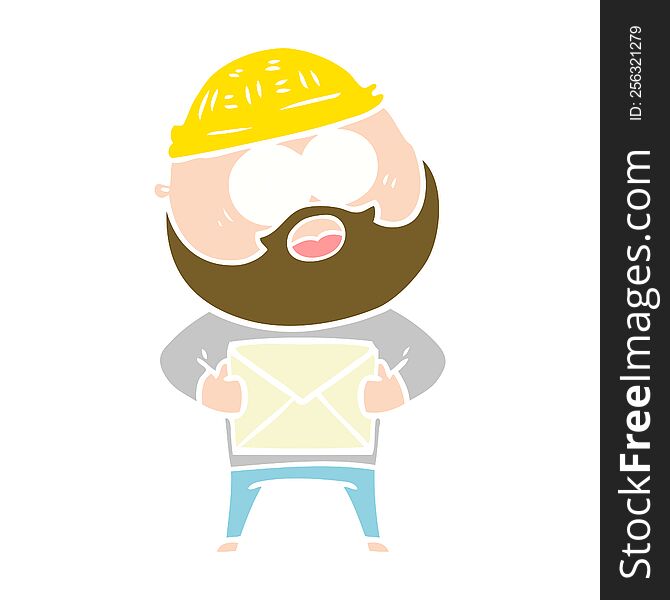 Flat Color Style Cartoon Surprised Bearded Man Holding Letter