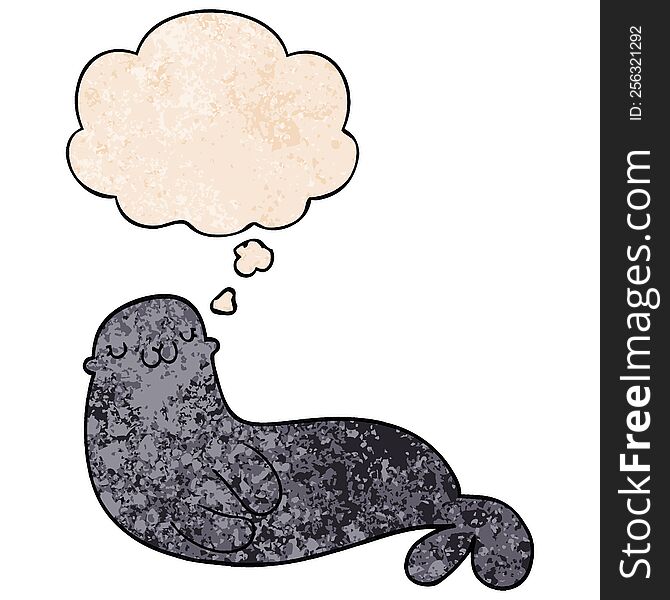 Cute Cartoon Seal And Thought Bubble In Grunge Texture Pattern Style