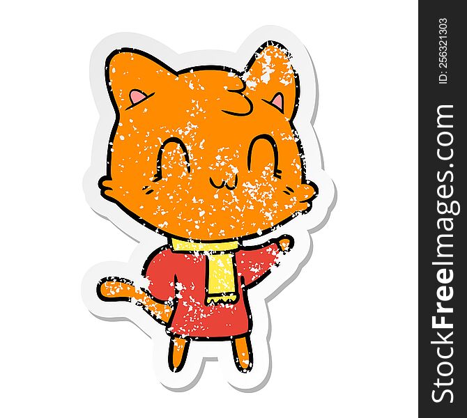 distressed sticker of a cartoon happy cat wearing scarf