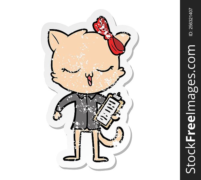 Distressed Sticker Of A Cartoon Cat With Bow On Head