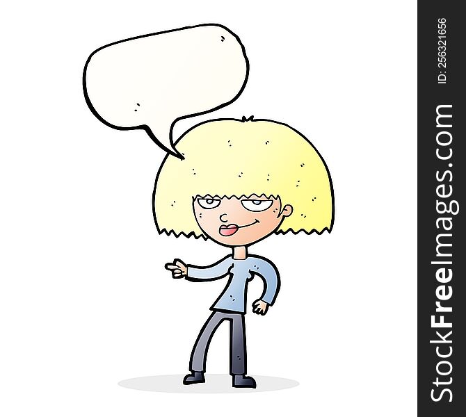 Cartoon Happy Woman Pointing With Speech Bubble