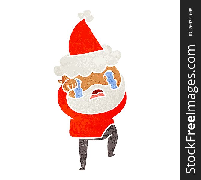 Retro Cartoon Of A Bearded Man Crying And Stamping Foot Wearing Santa Hat